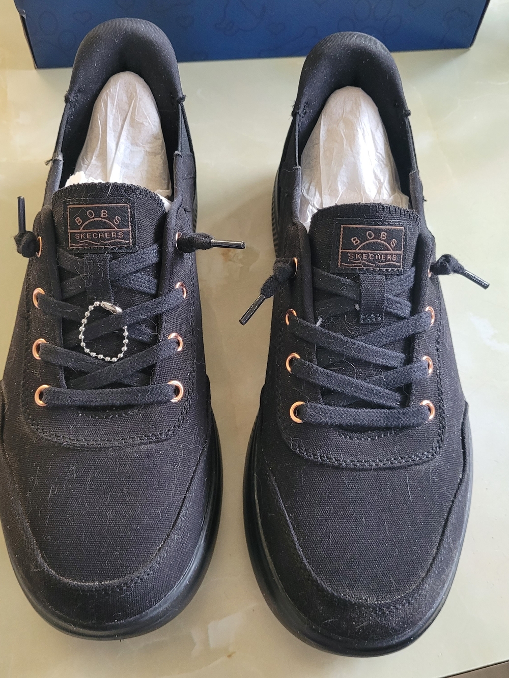 Skechers BOBS Black Canvas Lace-Up Sneakers with Rose Gold Eyelets